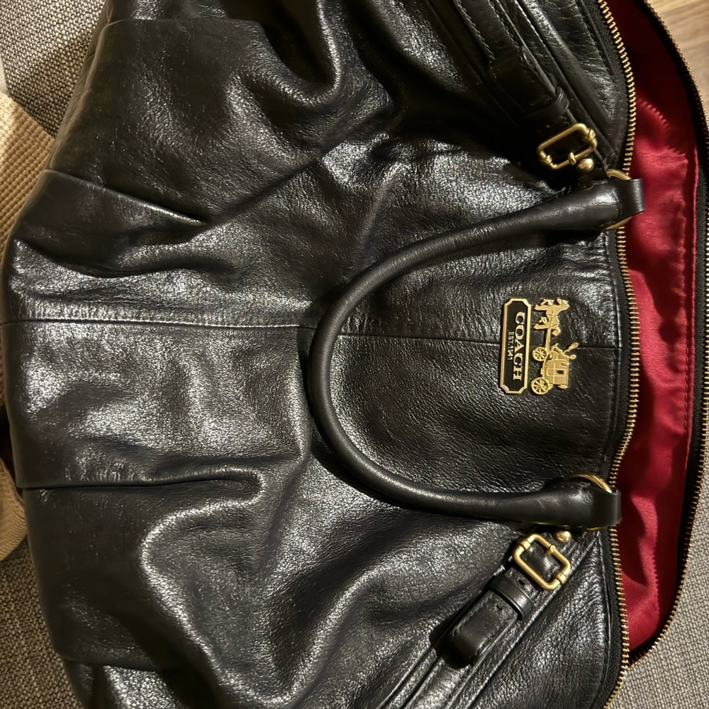 Coach Black Leather Patch on Red Satin Interior